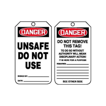 Accuform Safety Tags, DANGER UNSAFE DO NOT USE, 5.75in x 3.25in, HS-Laminate, 25PK MDT126LTP